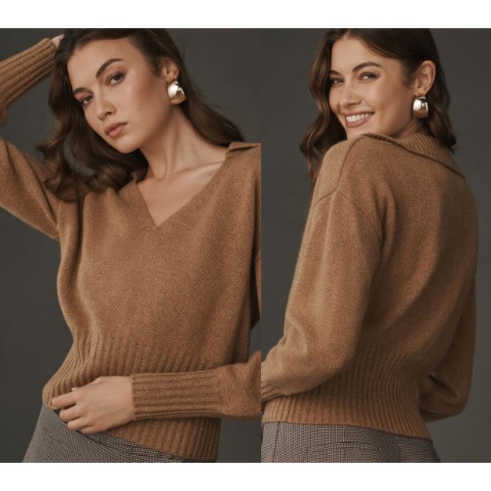NEW Reformation Beckie Cashmere Knitted Collared Sweater Panko Brown Size XL